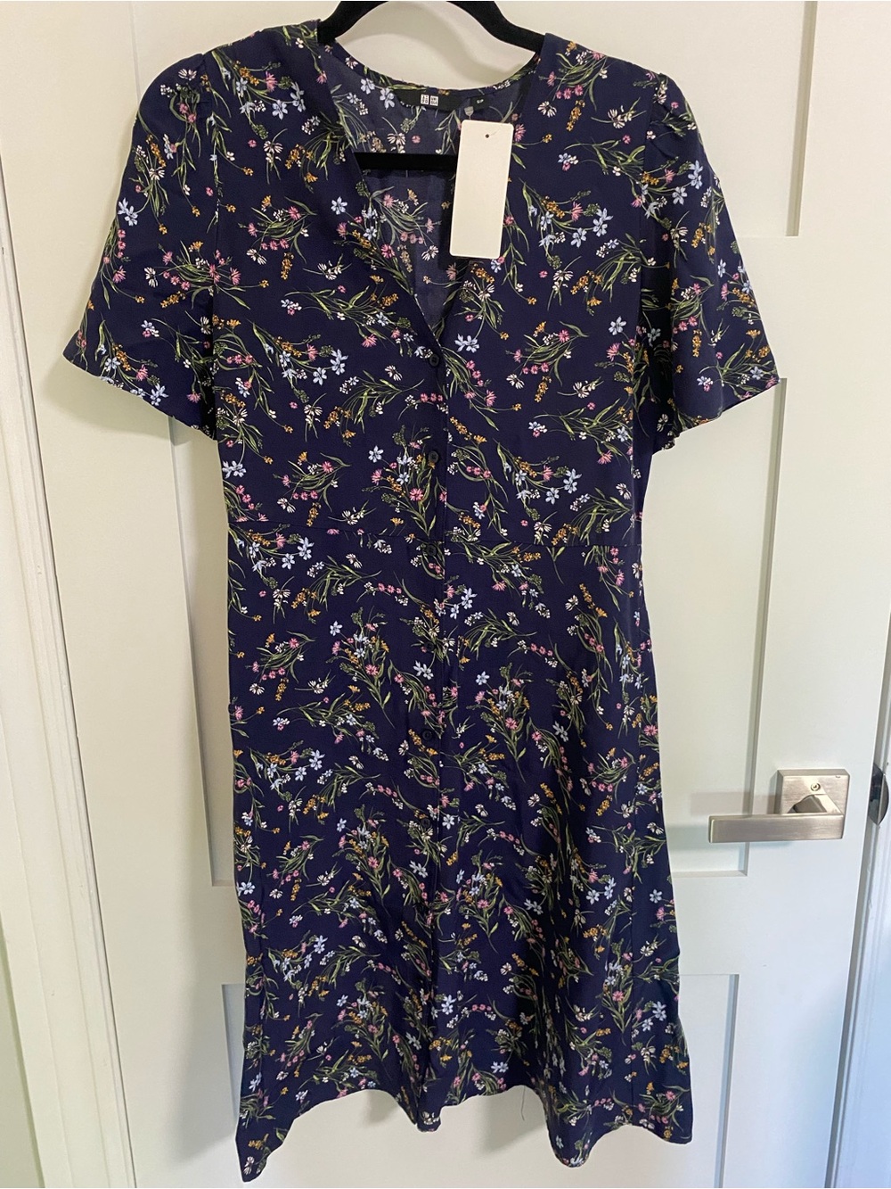 Uniqlo Navy Floral Short Dress with Pink & Green Accents